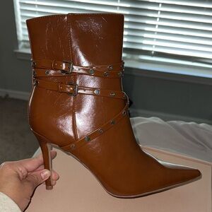 JustFab Brown Heeled Boots with Buckle Detail